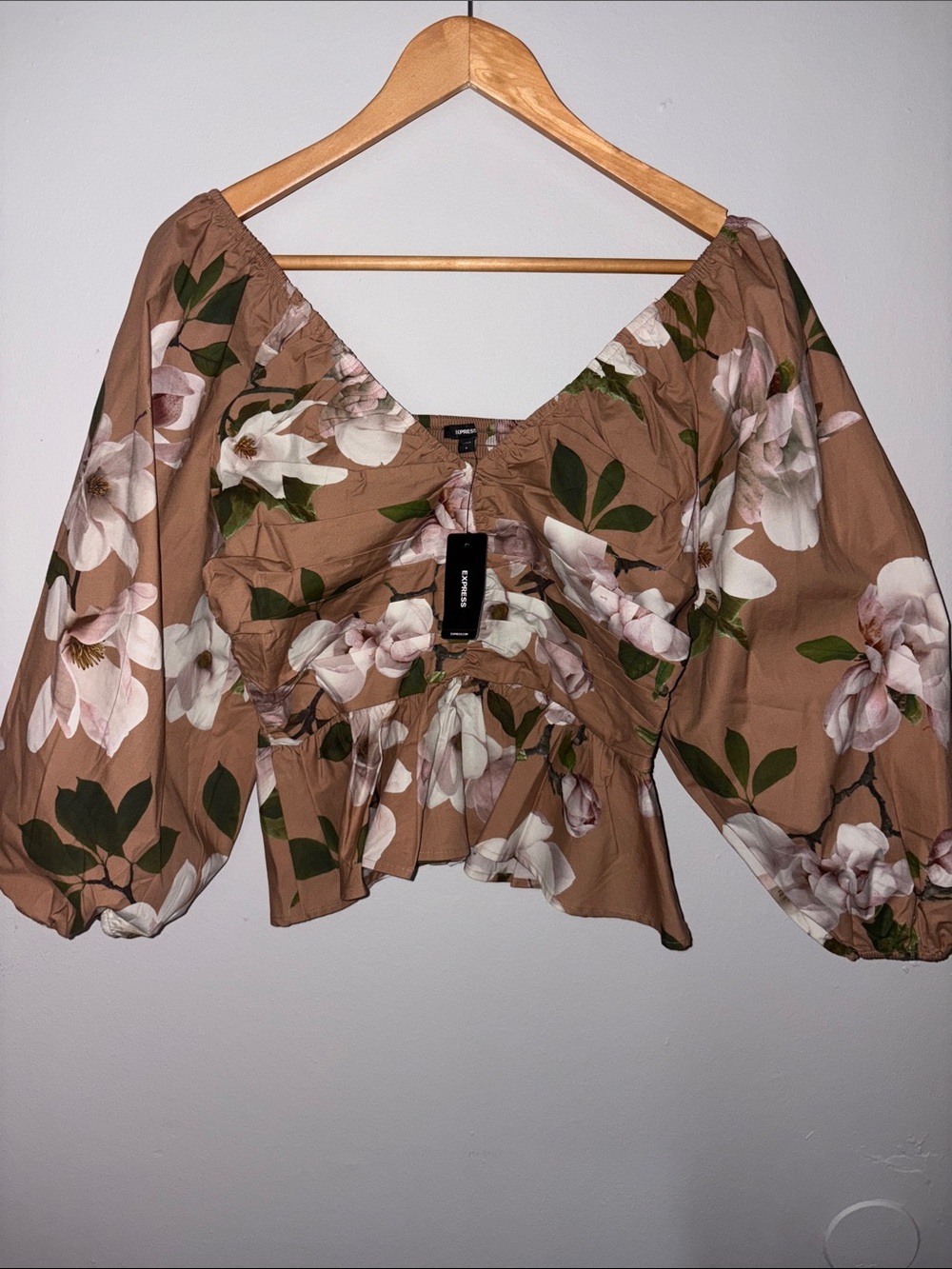 Floral Puff-Sleeve Peplum Top - Tan Floral